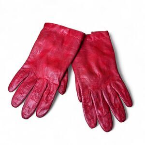 70s VTG Italian Red Perforated Leather Gloves Wool Lined GIMBELS size 7